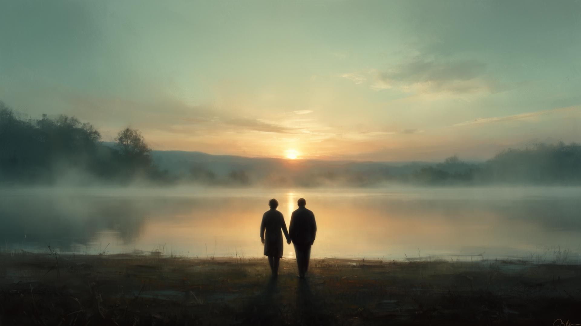 Two figures walking together at sunrise